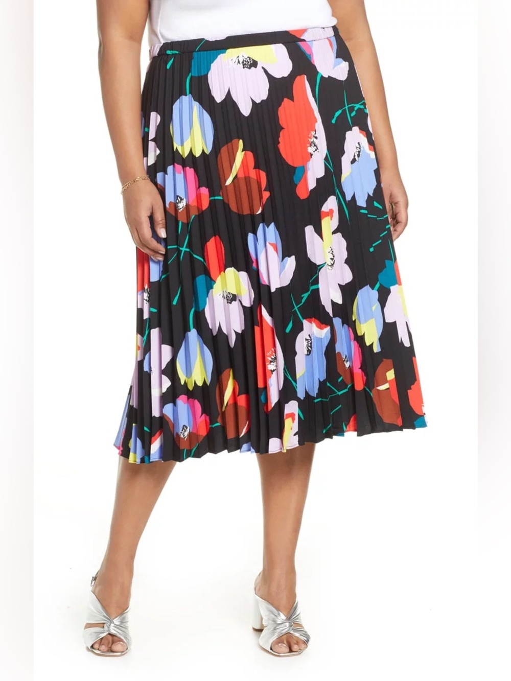 Halogen Pleated Midi Skirt with Multicolor Floral Print - Size 1X
